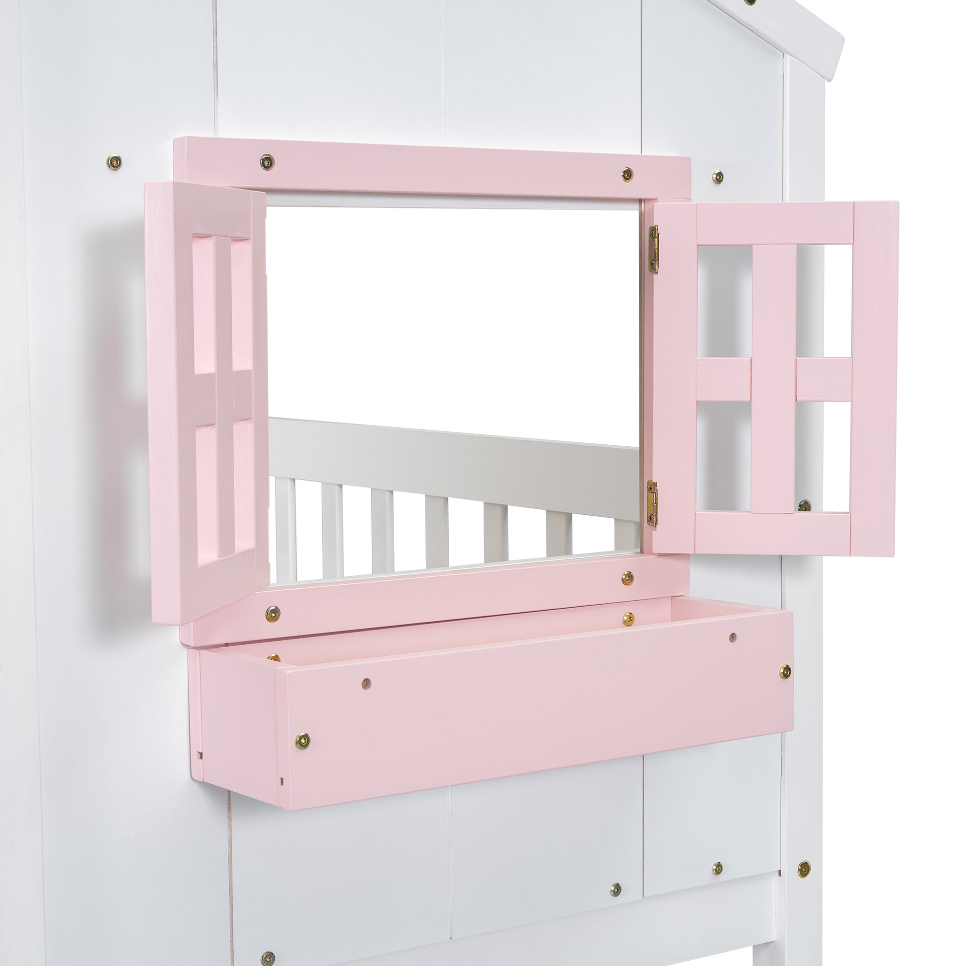White wooden playhouse with open pink shutter window and planter box