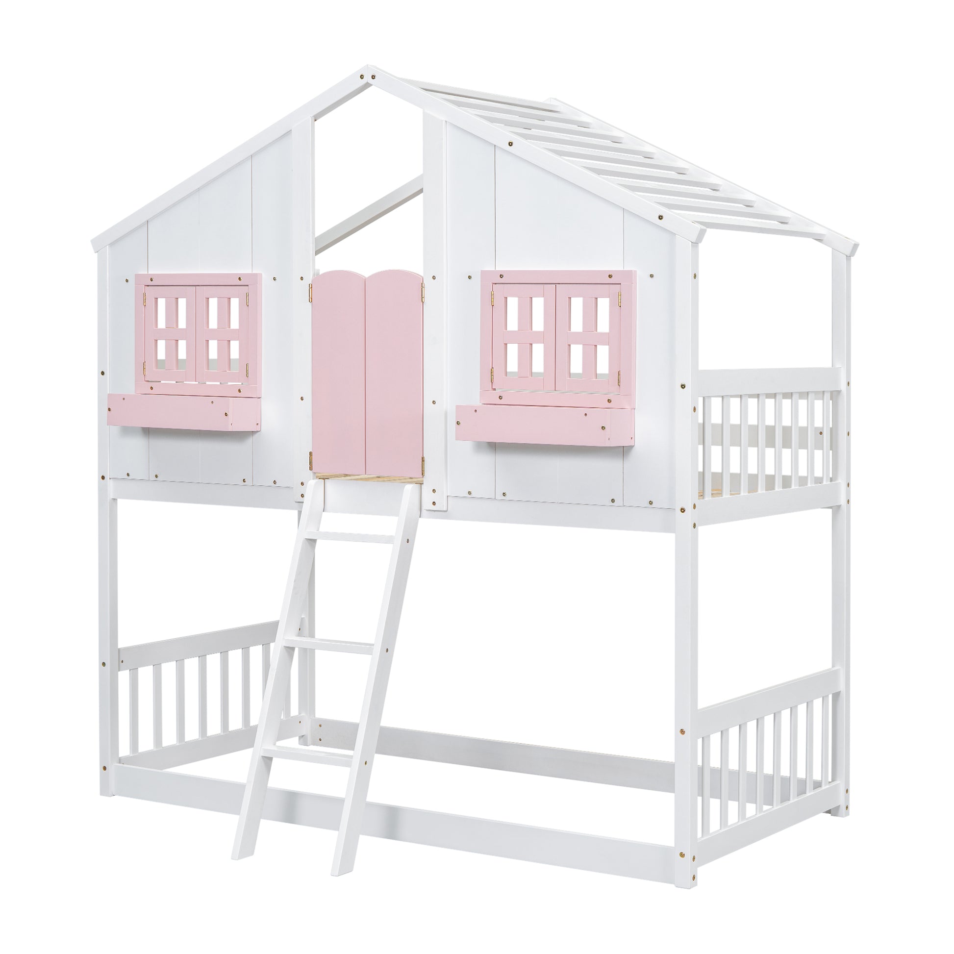White wooden loft bed with pink accents