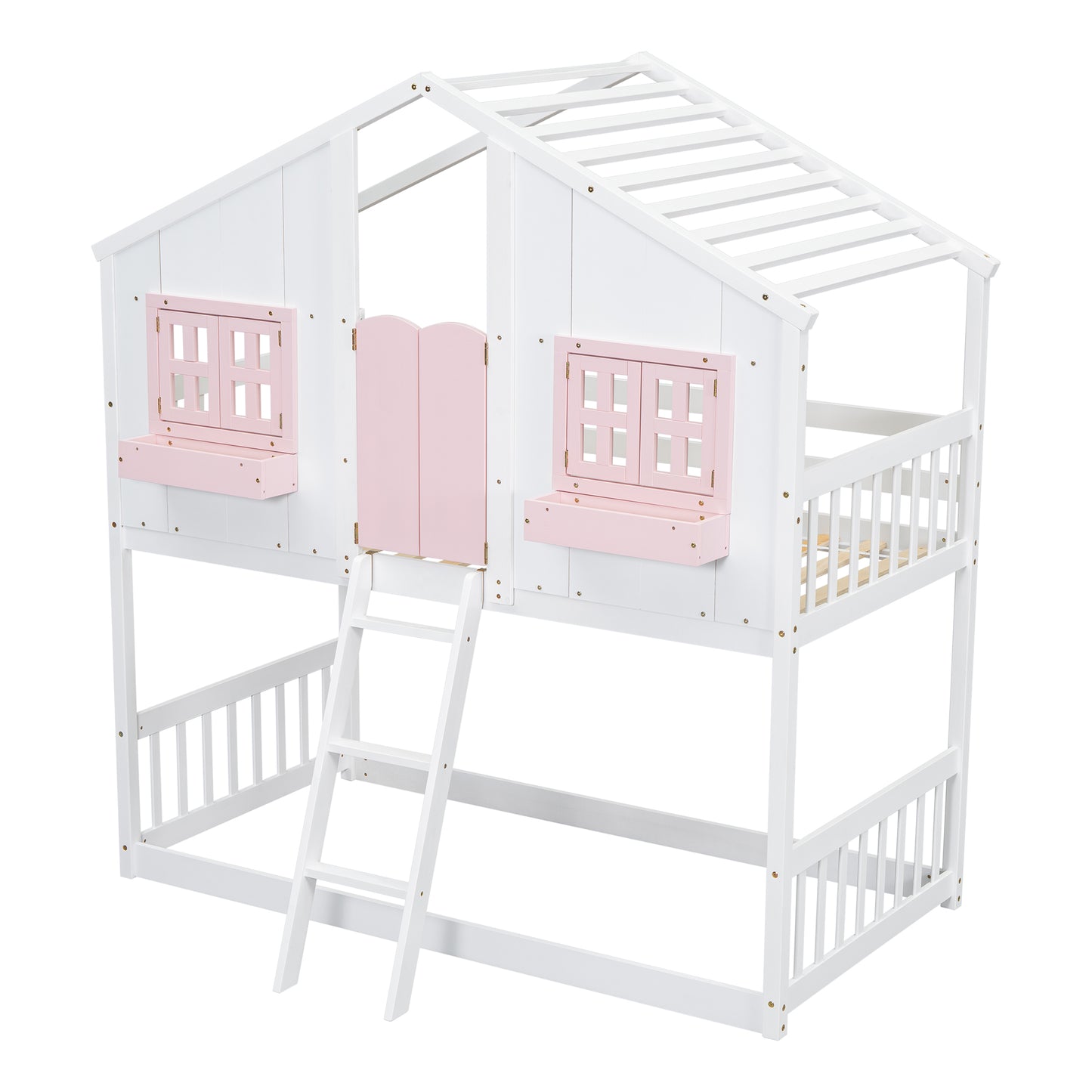 White wooden house bunk bed with pink window accents and ladder