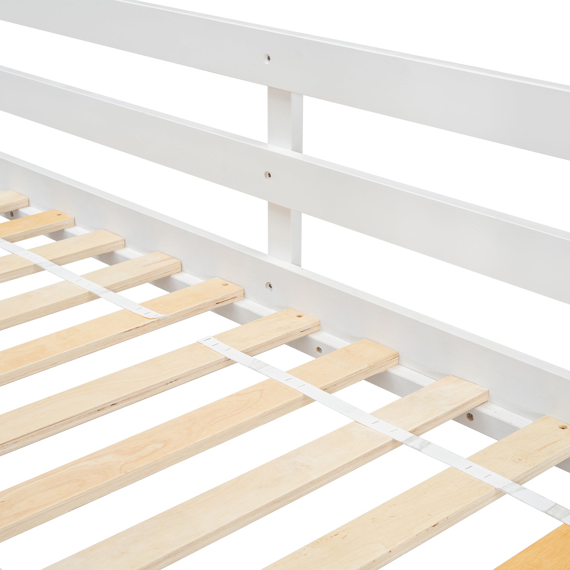 White wooden bed frame with natural wood slats and support strap detail