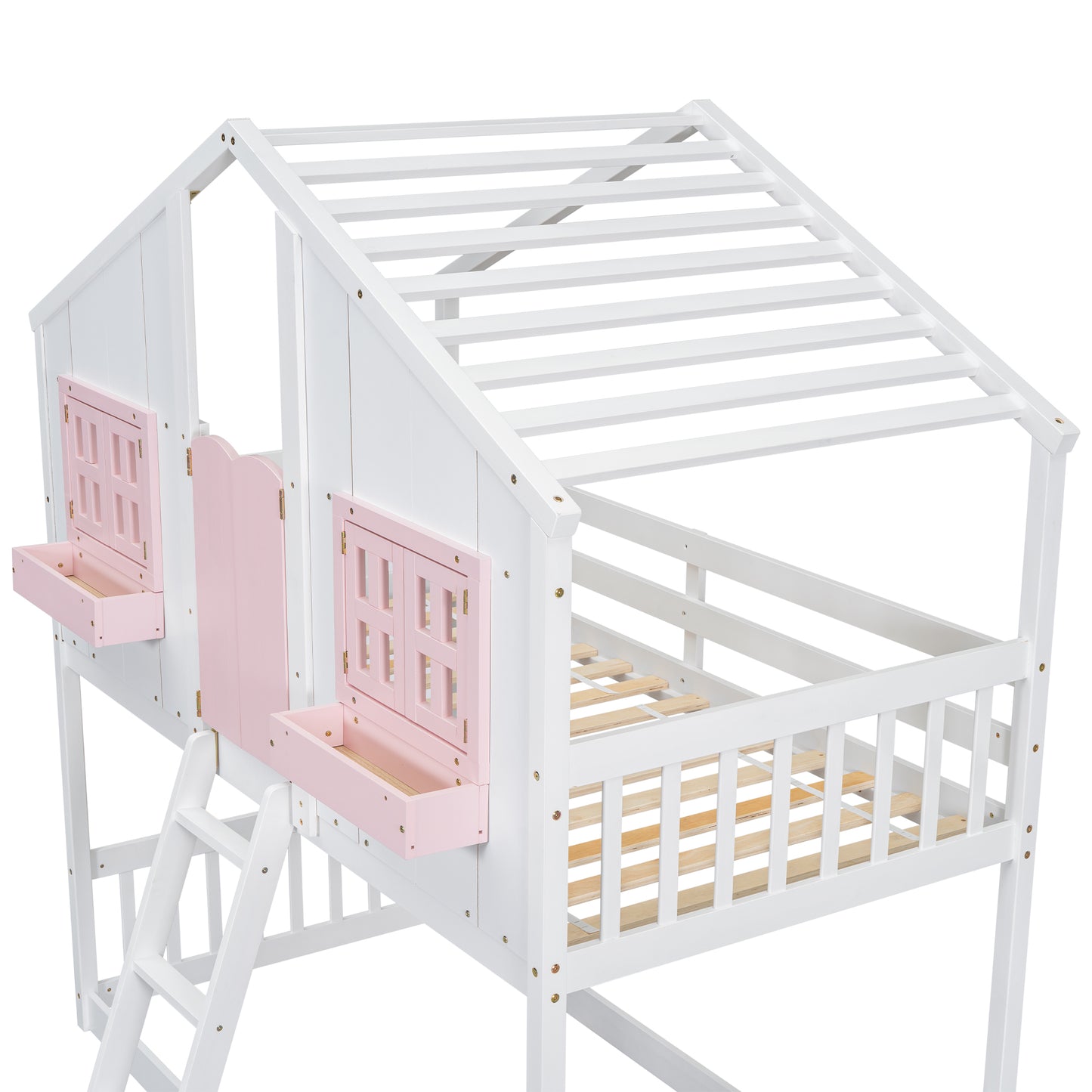 White wooden kids bed with pink window accents and ladder