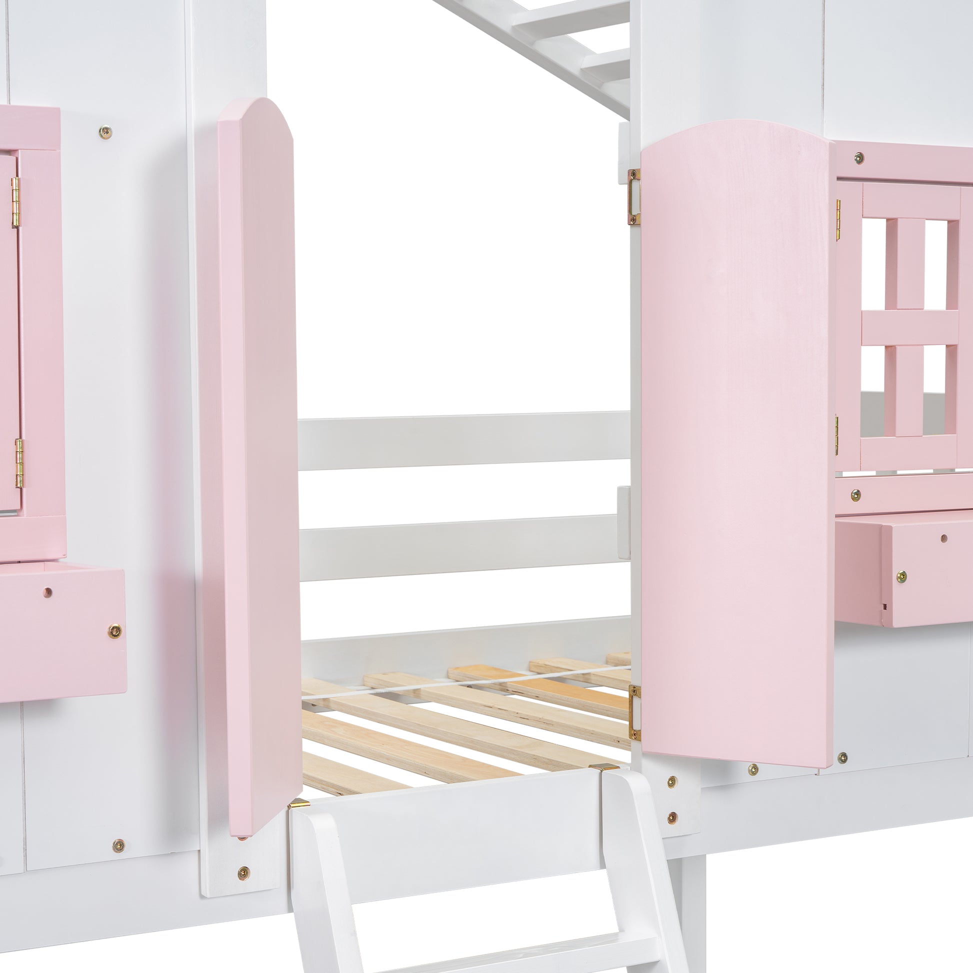 White and pink wooden bunk bed with ladder and open window