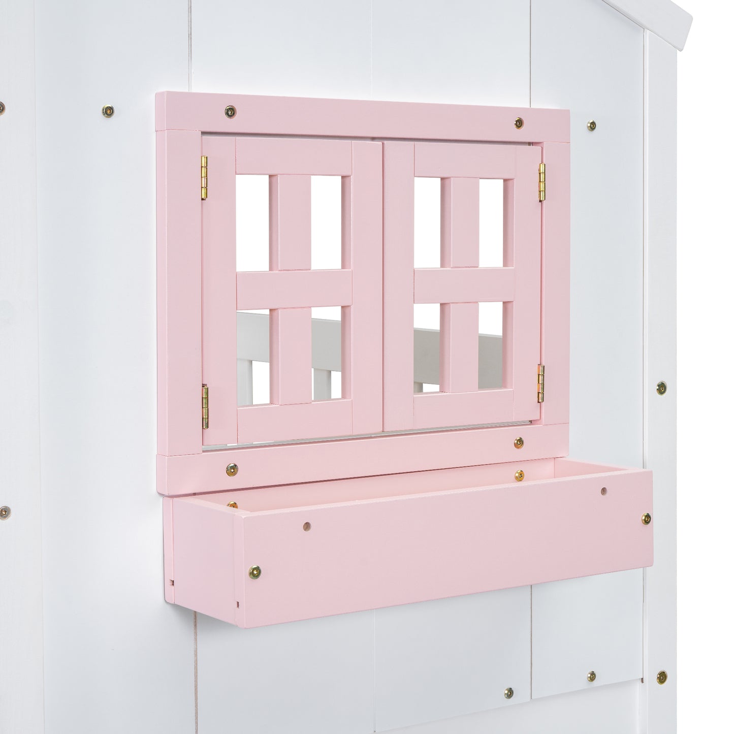White playhouse with pink window frame and planter box