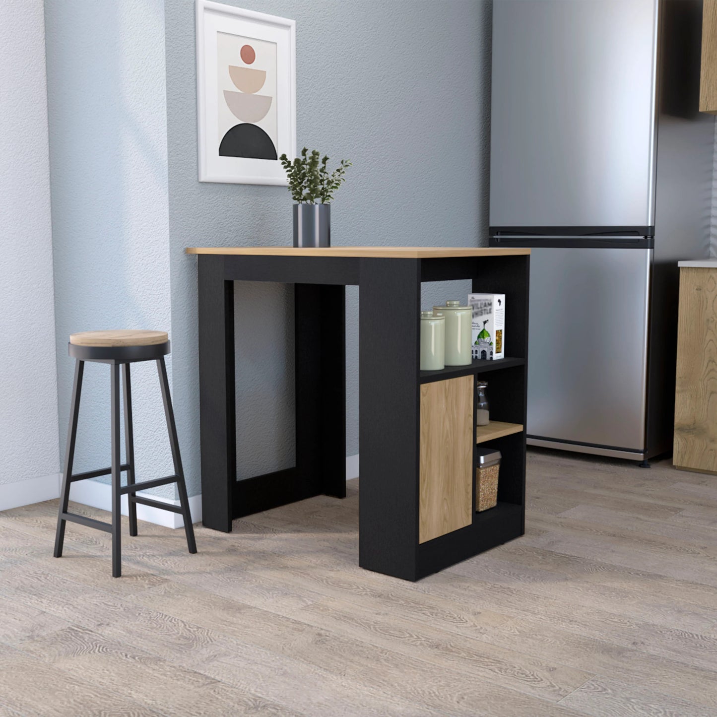 Black and oak kitchen island table with open shelving