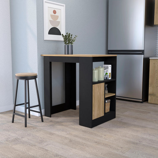 Black and oak kitchen island table with open shelving