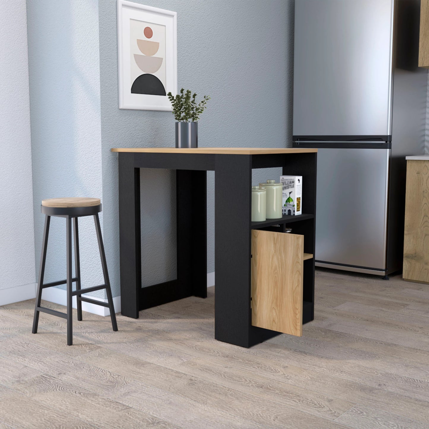 Modern black and wood counter table with open shelving for kitchen storage