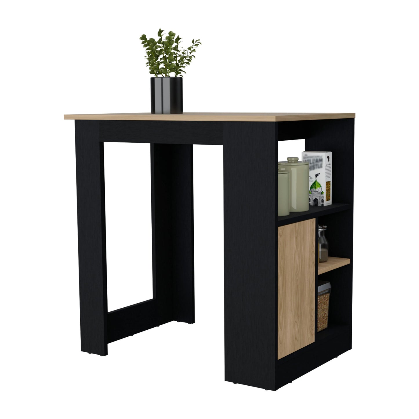 Black and oak kitchen island with shelves