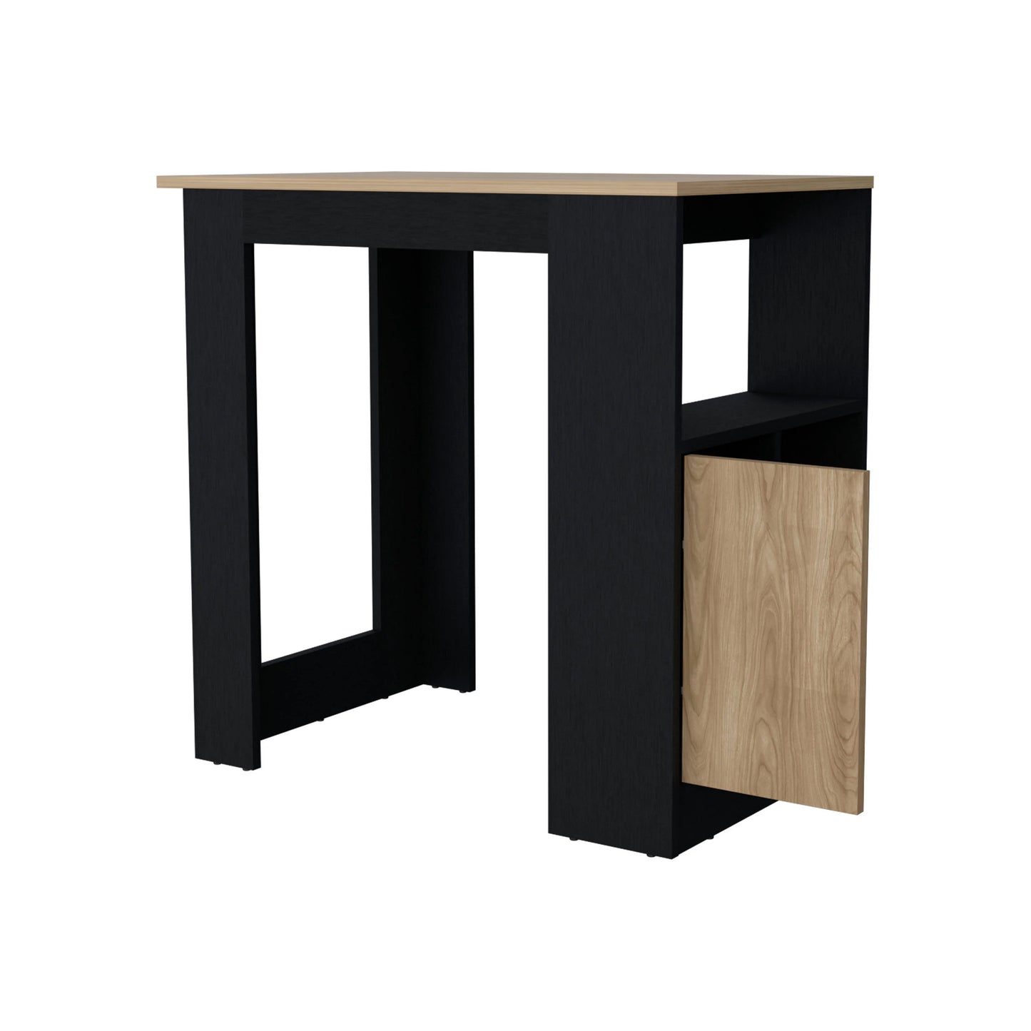 Modern black bar stool with light oak wood accent and storage cabinet
