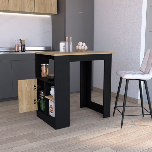 Black kitchen island with light wood top and open shelving