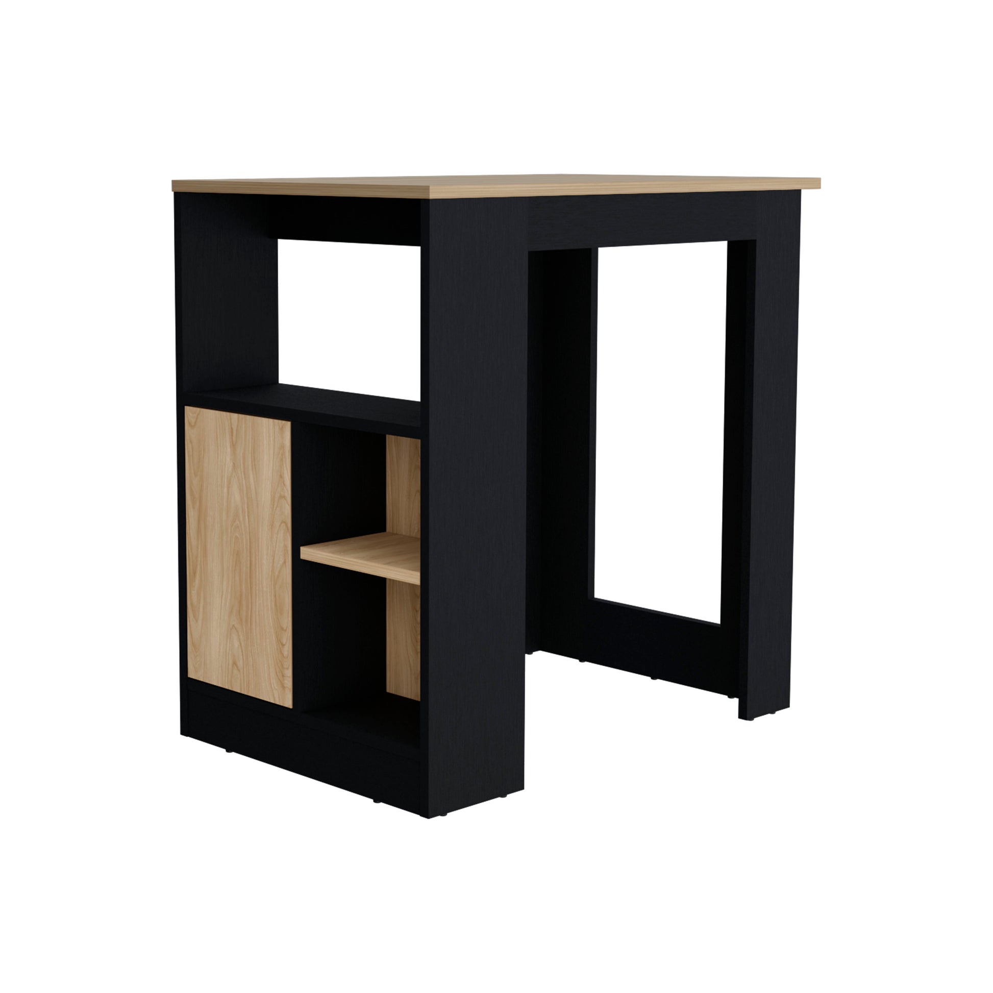 Modern black and oak dining table with integrated storage shelves