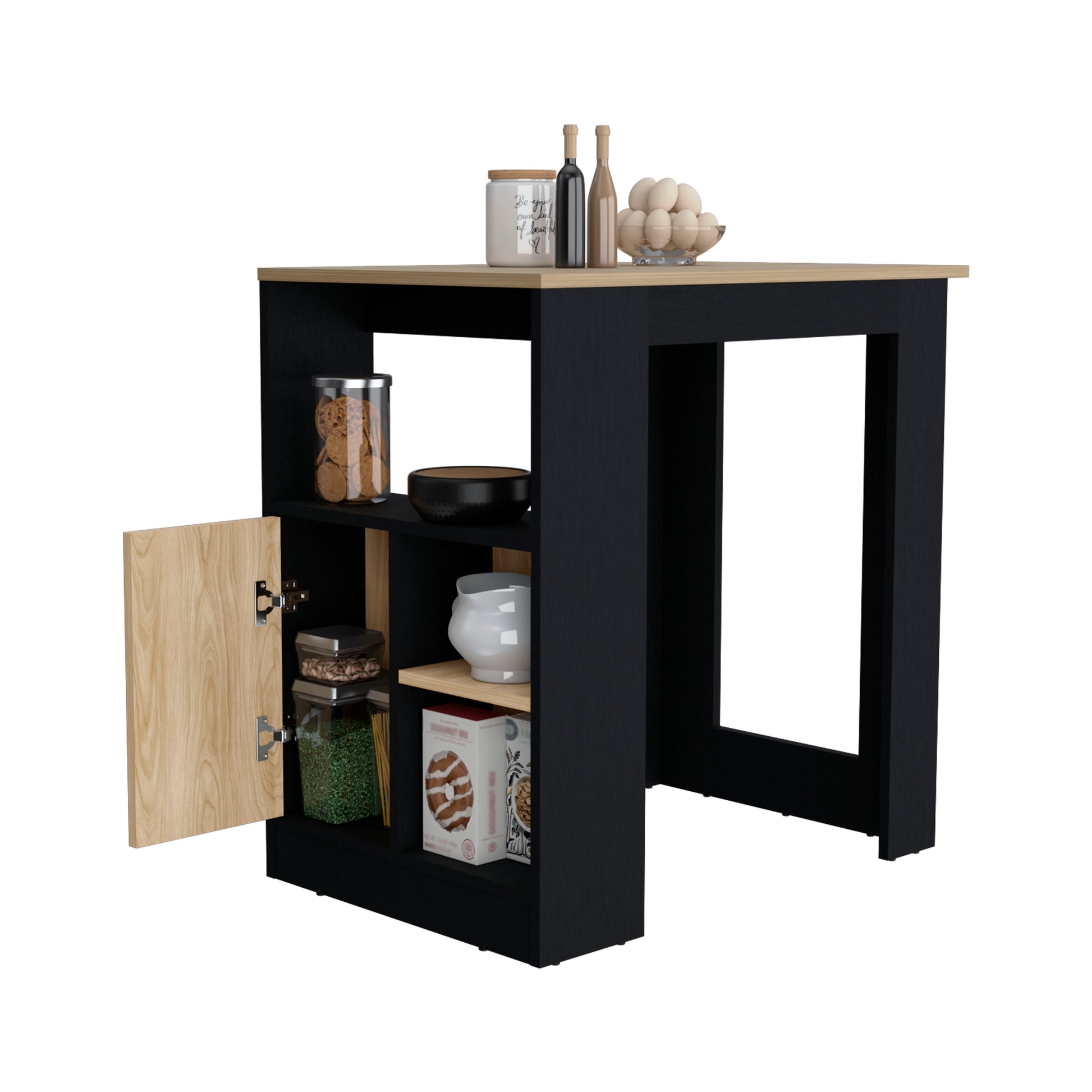 Black and wood kitchen island with open shelving and cabinet