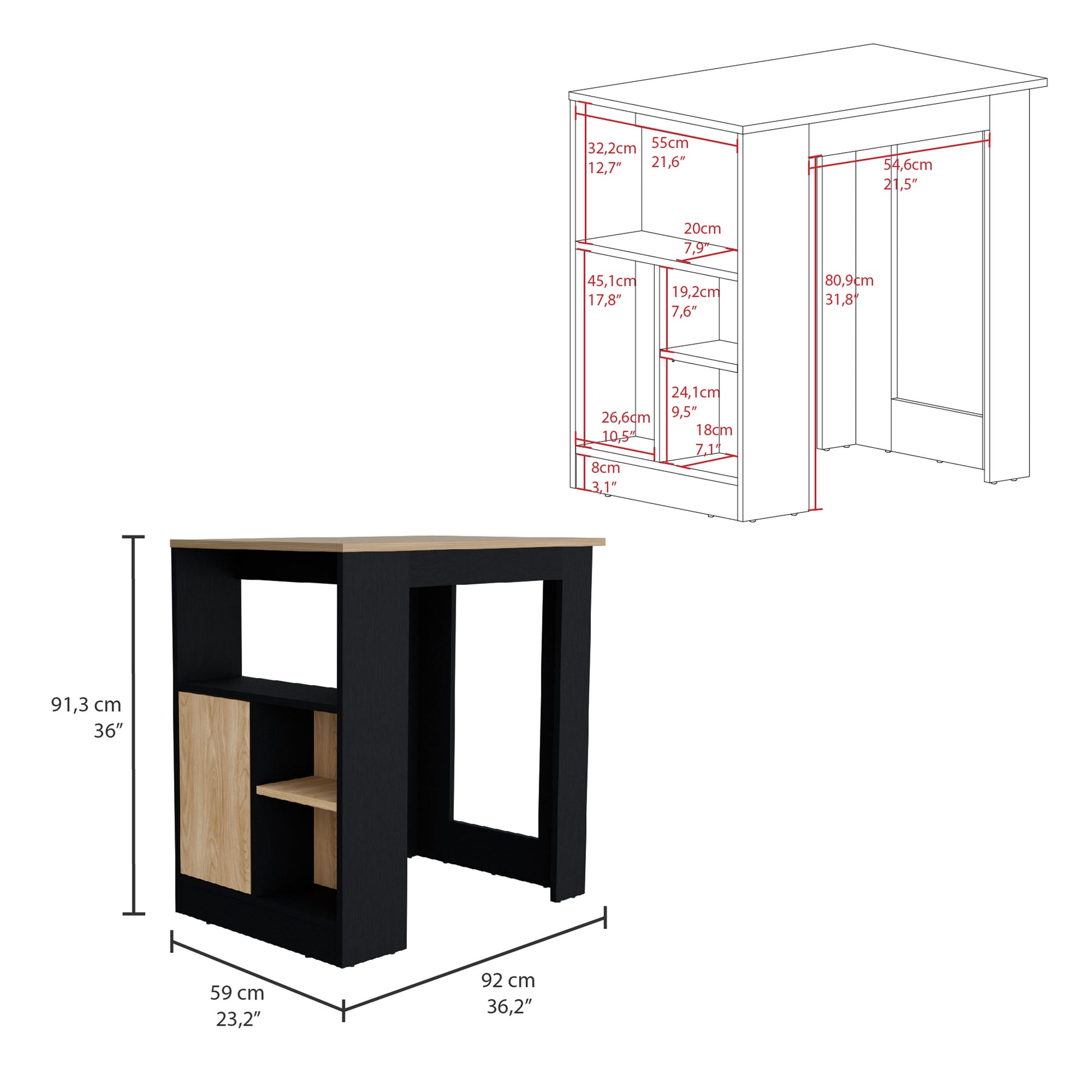 Black and wood accent dining table with open shelving and a cabinet