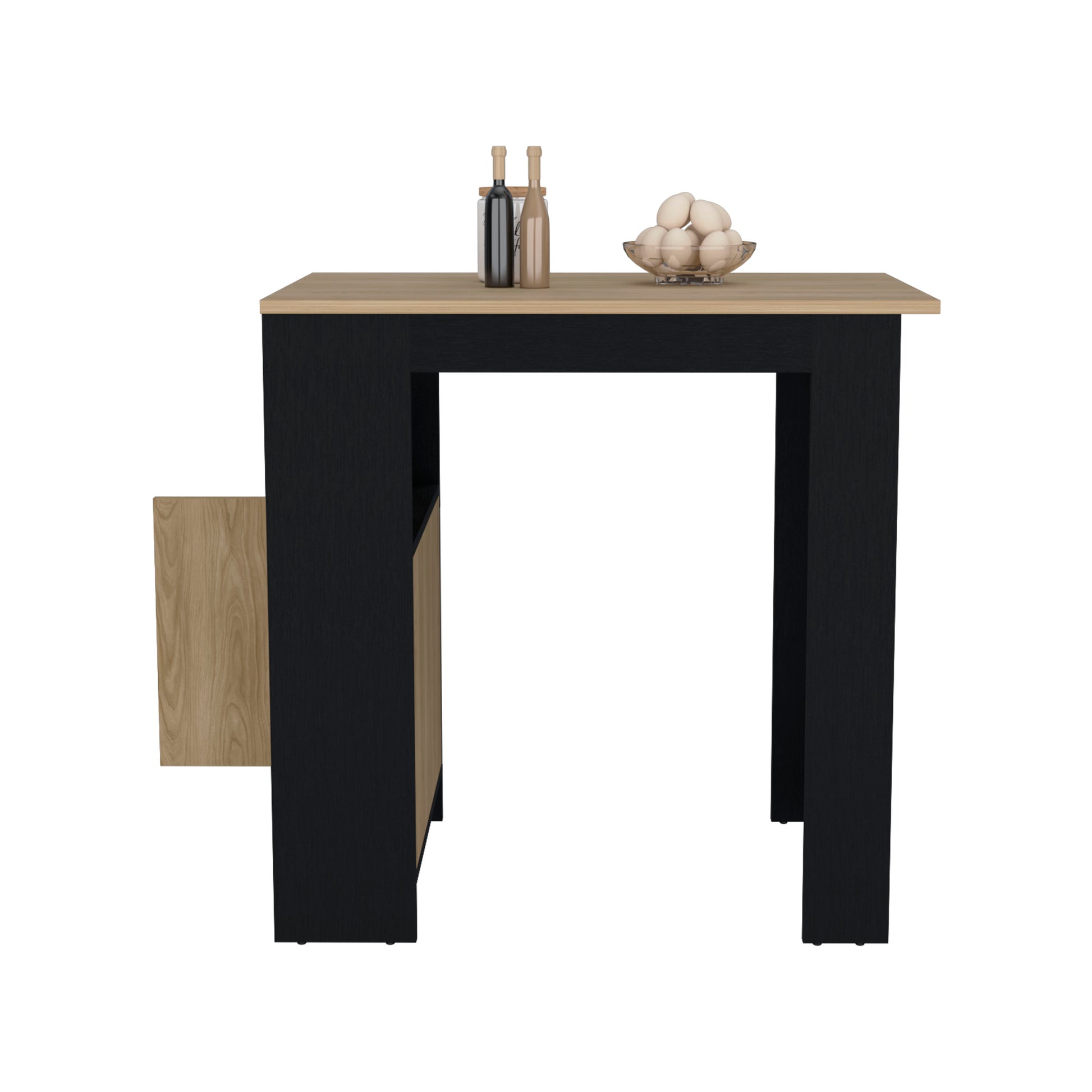 Modern bar table with black base and light wood countertop