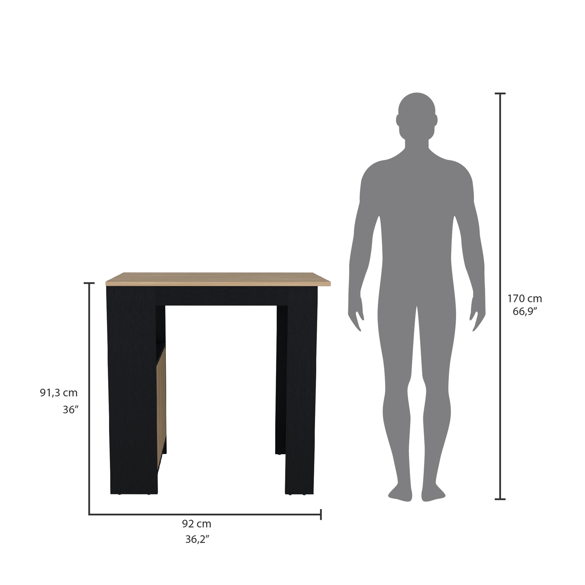Black and oak finish bar table with a silhouette for scale