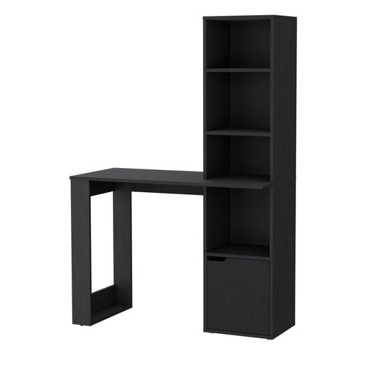 Black modern desk with integrated shelf unit and drawer