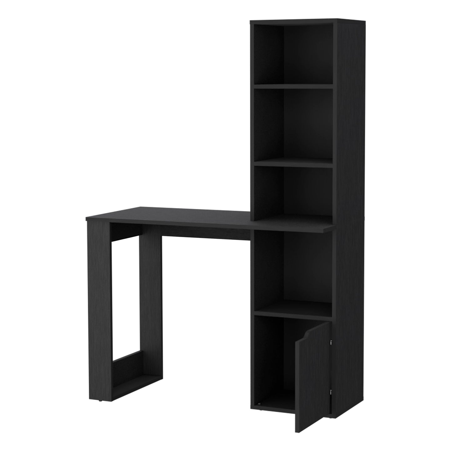 Black minimalist desk with integrated tall shelving unit