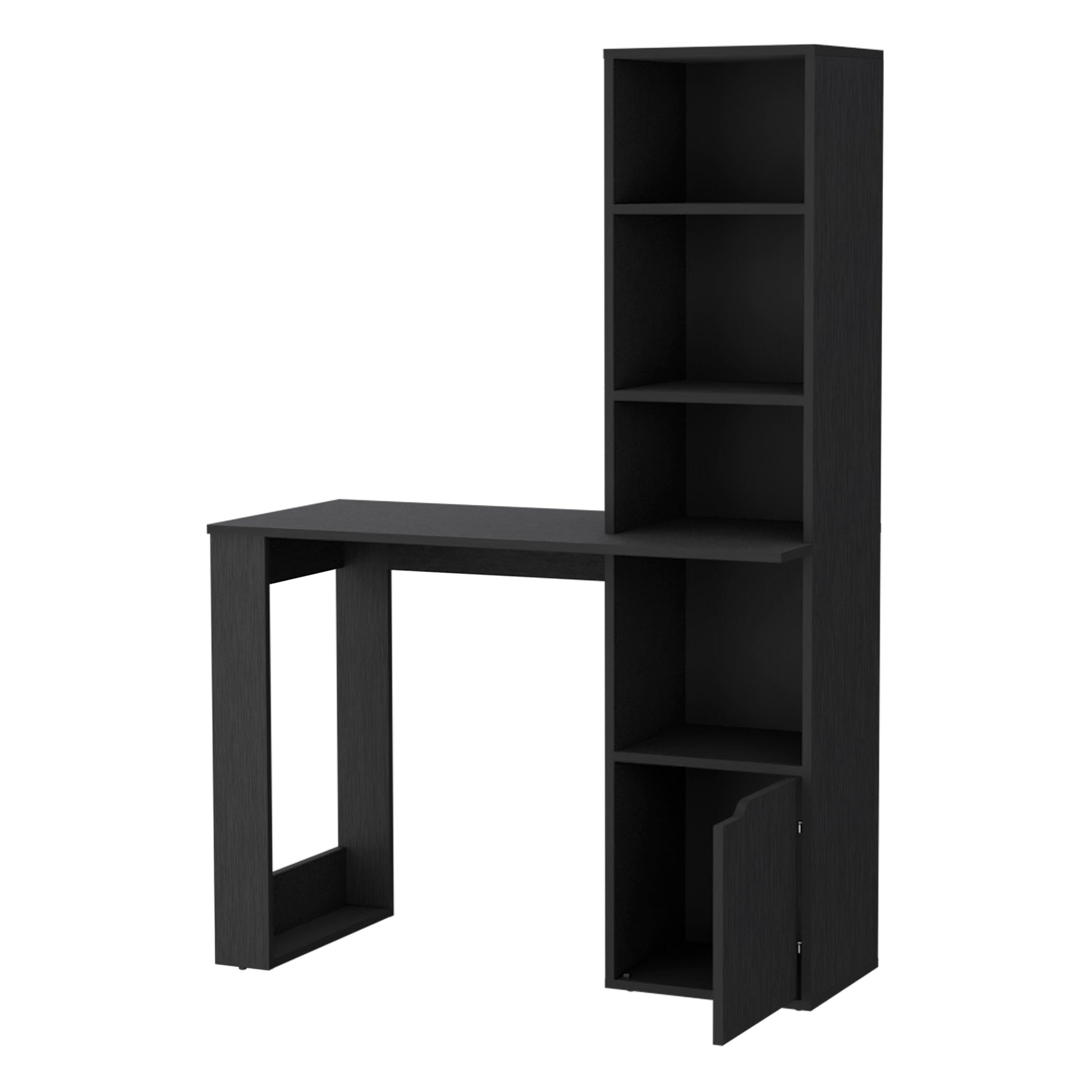 Black minimalist desk with integrated tall shelving unit
