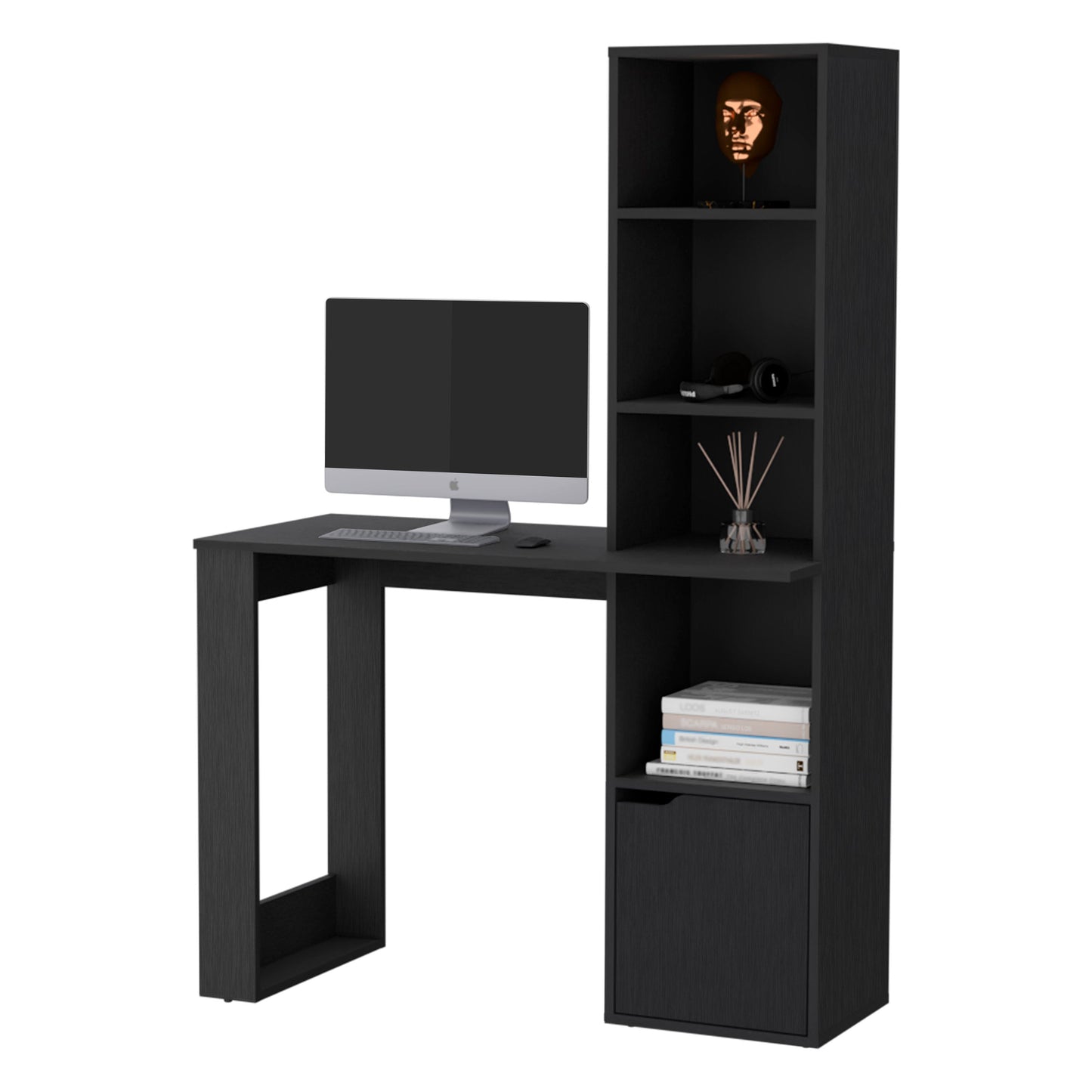 Black modern computer desk with attached bookshelf