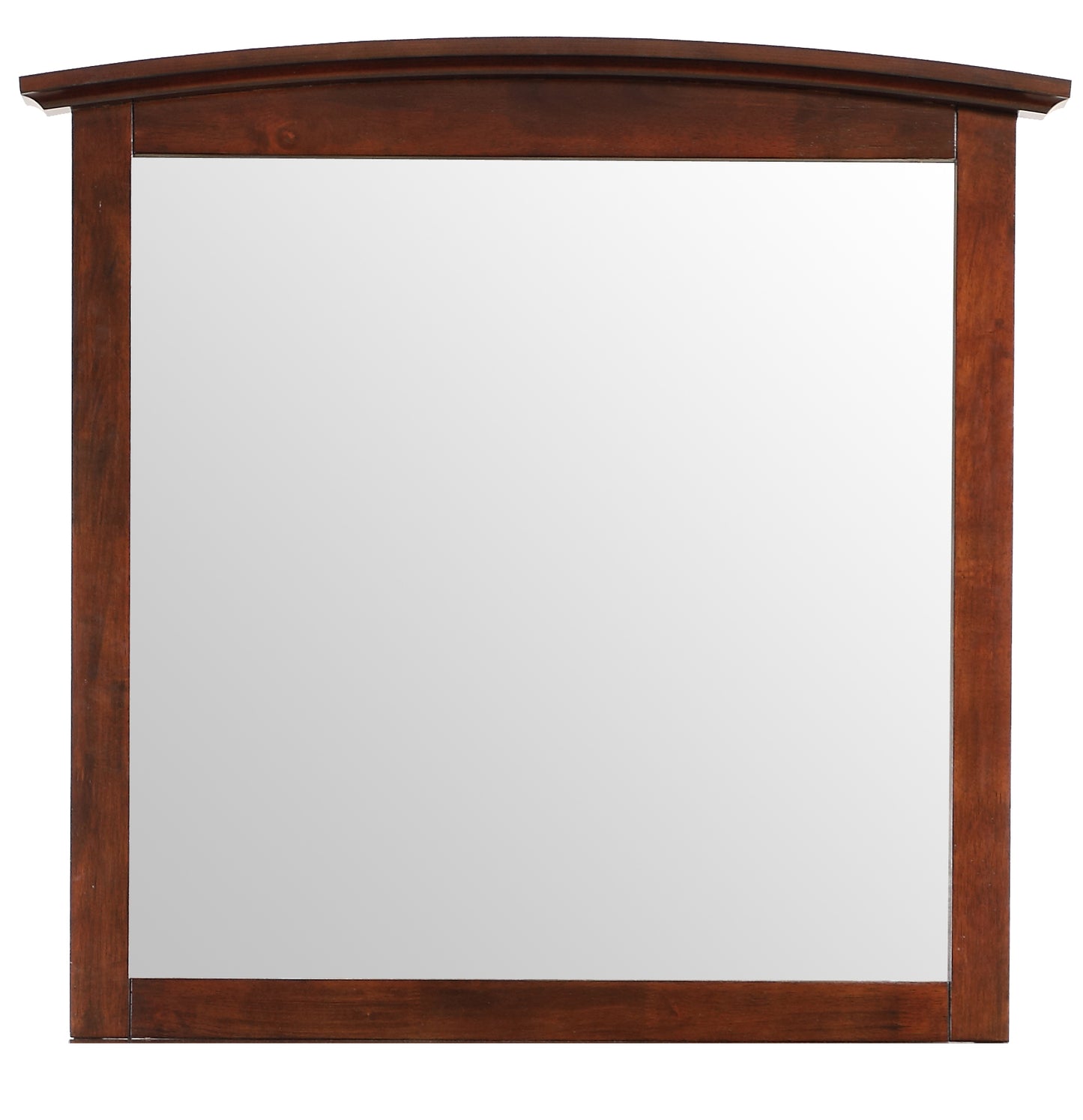 Dark brown wood framed mirror with a curved top