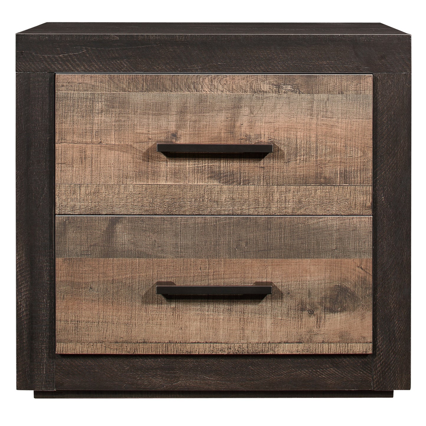 Rustic wood bedside table with two drawers and dark metal handles