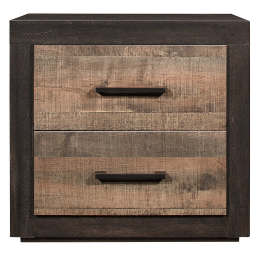Rustic wood bedside table with two drawers and dark metal handles