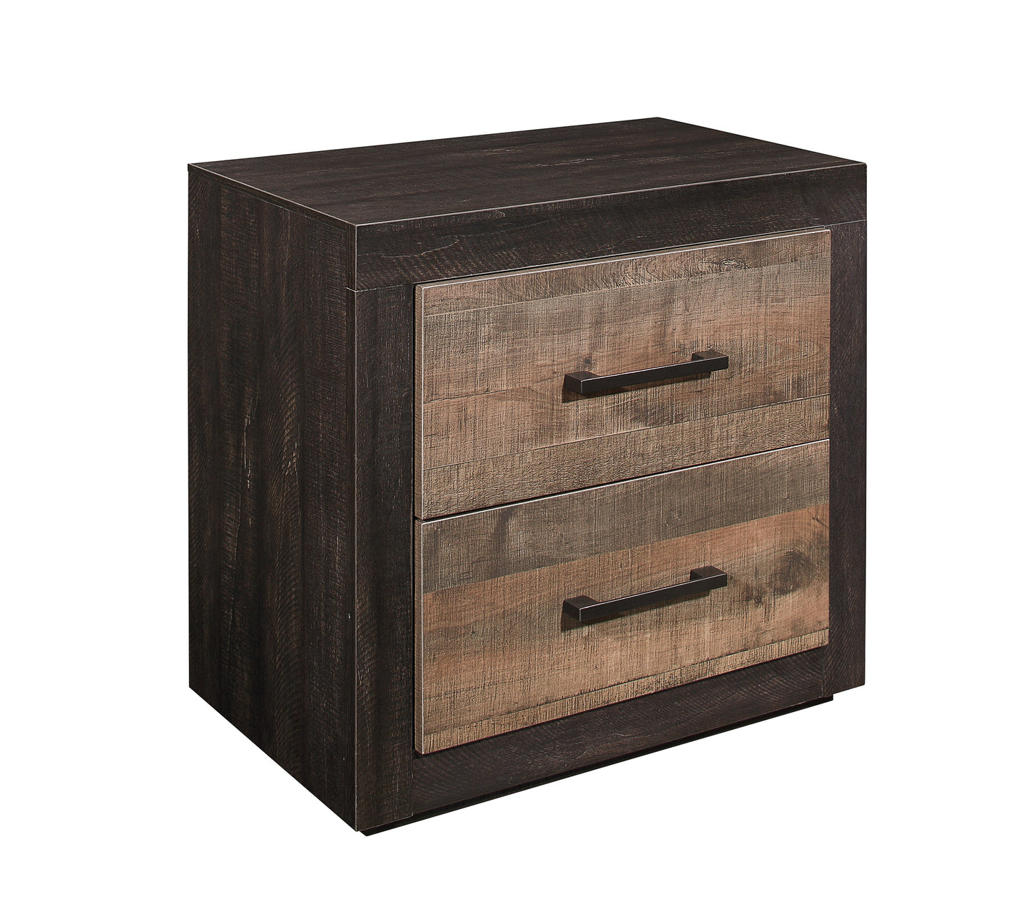 Rustic twodrawer nightstand with weathered wood fronts and dark wood frame featuring black metal pulls
