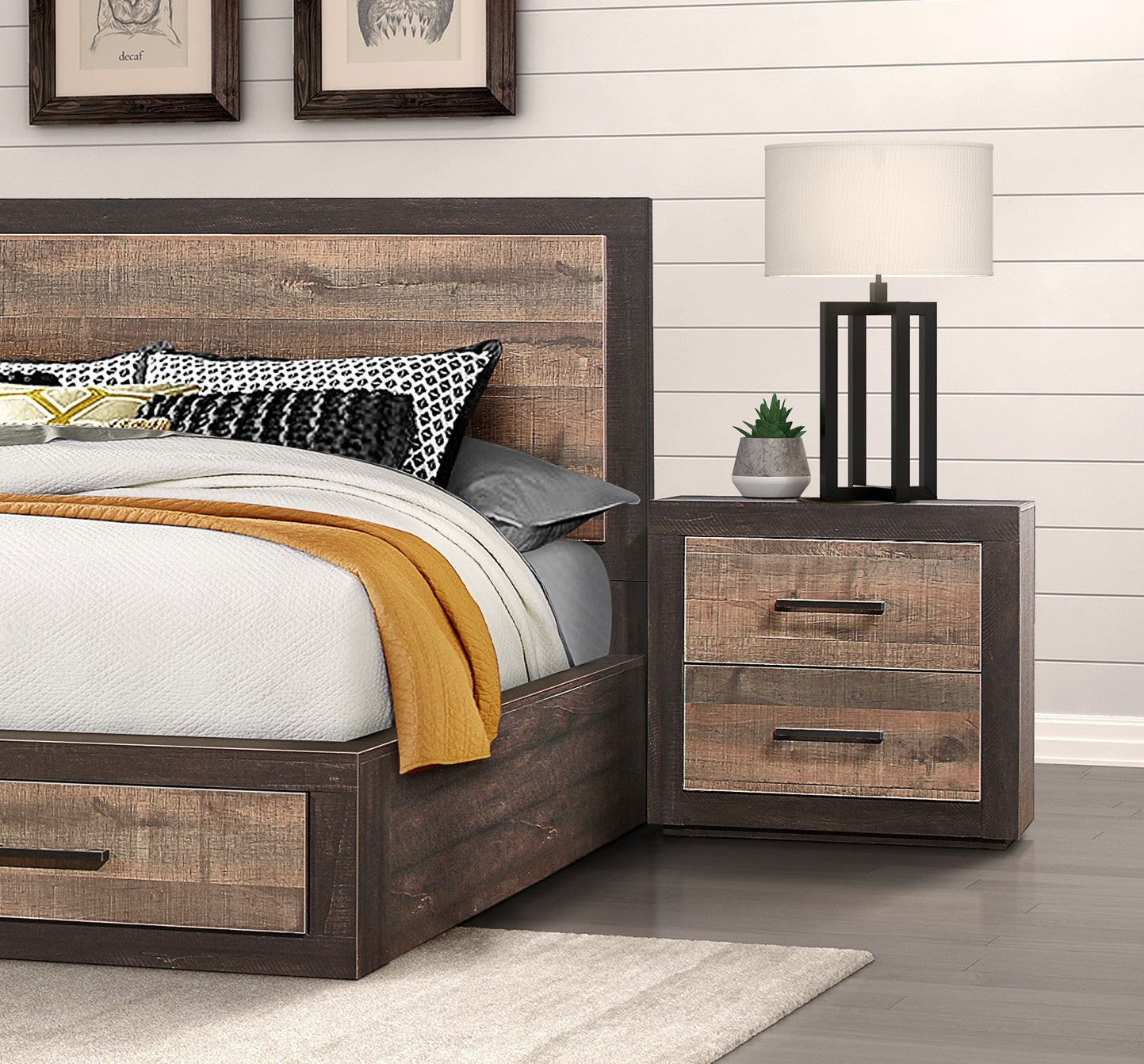 Rustic brown wood queen bed frame with storage drawers