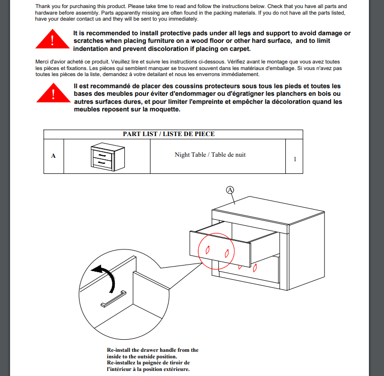 Diagram showing how to reinstall a night table drawer handle