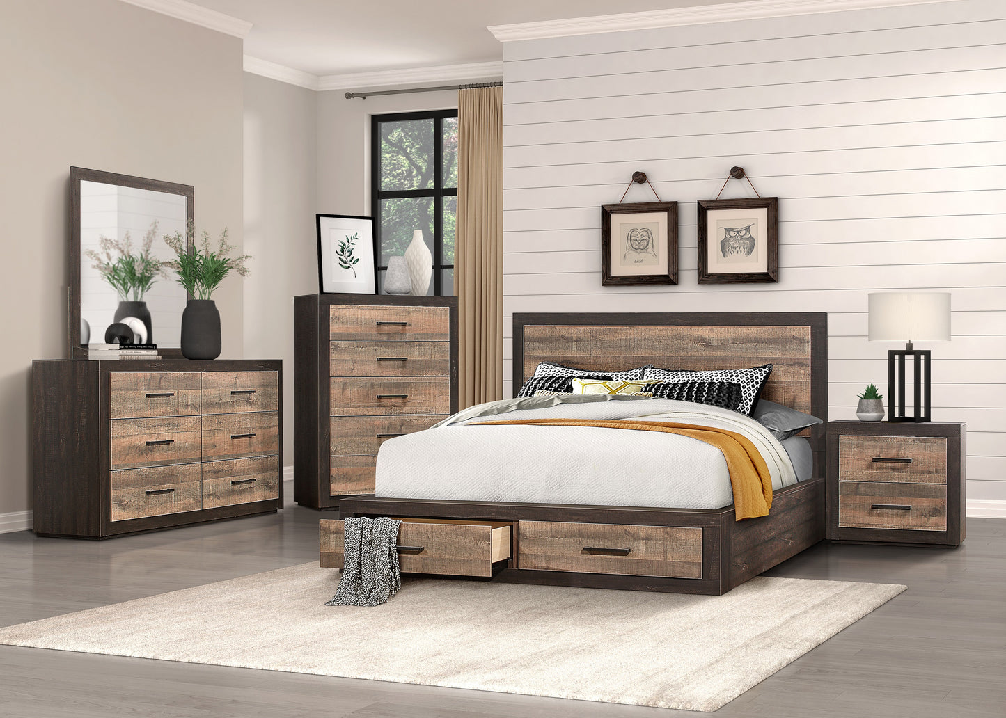 Rustic wood and dark metal storage bed frame with drawers open