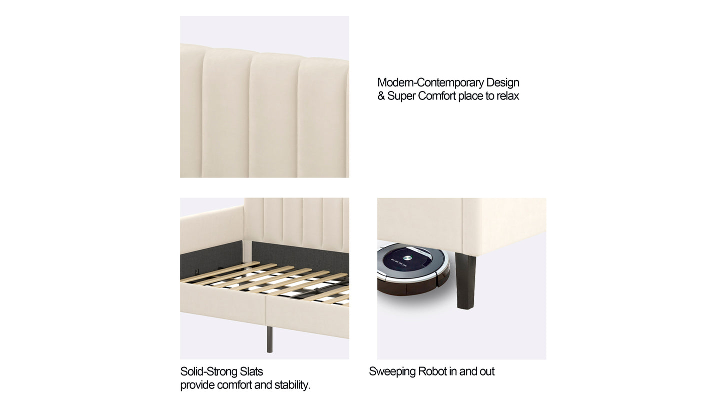 Upholstered headboard with vertical channel tufting in a cream color