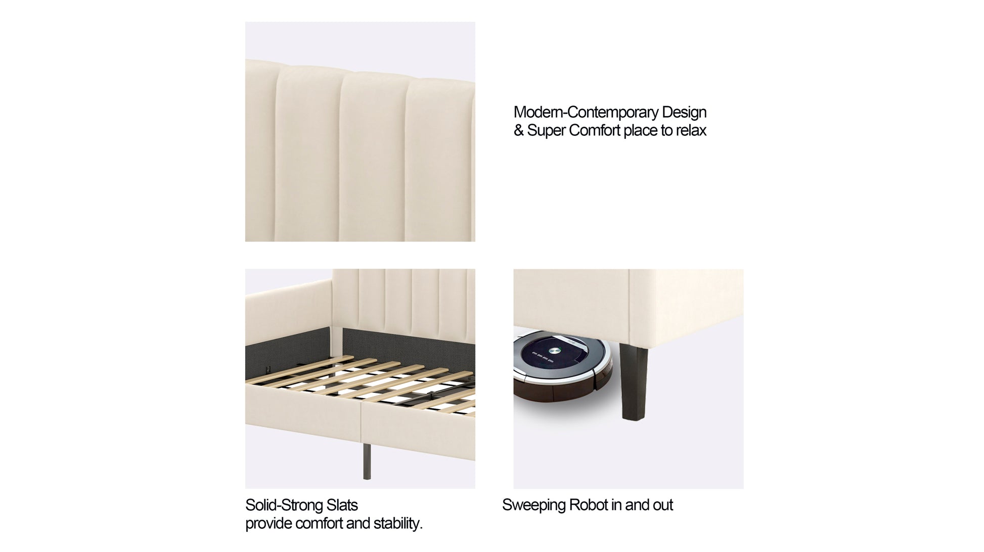 Upholstered headboard with vertical channel tufting in a cream color