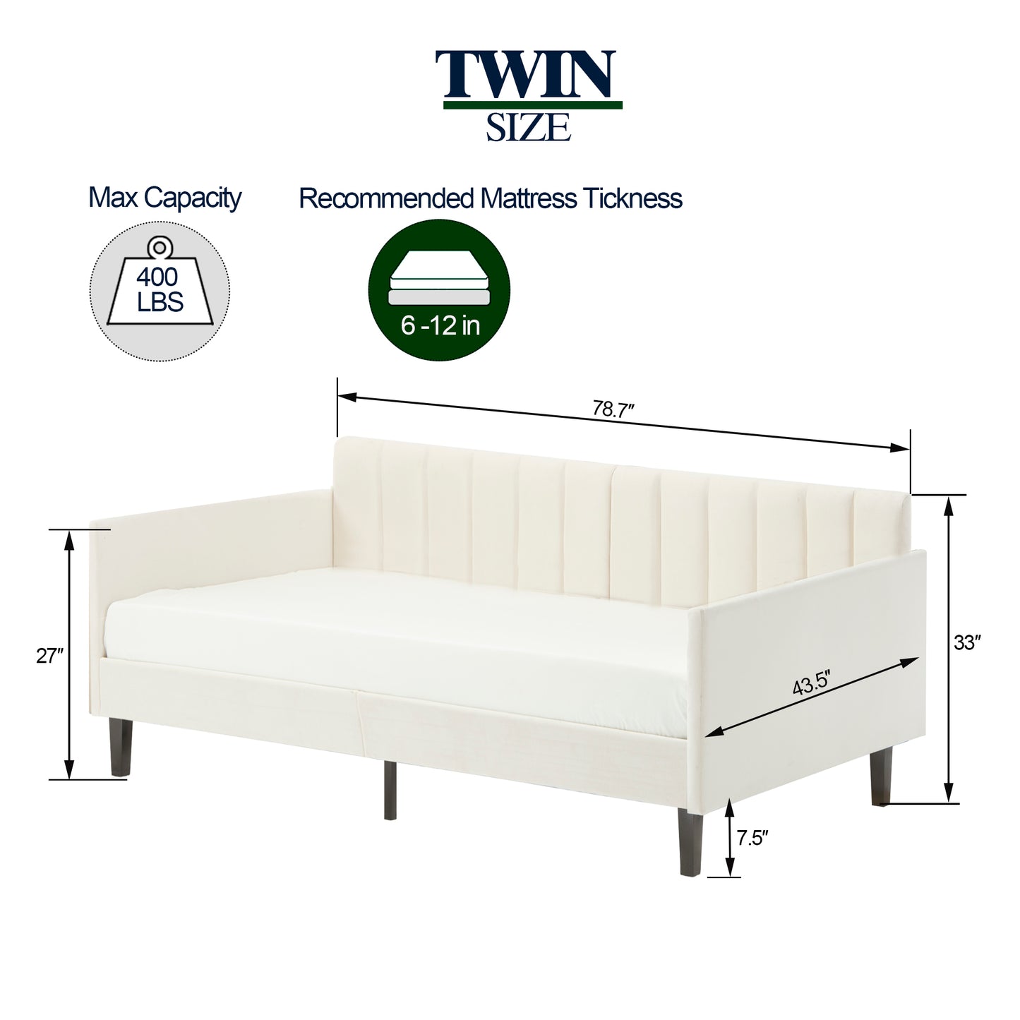 Cream velvet twin size daybed with vertical channel tufting and dark wood legs
