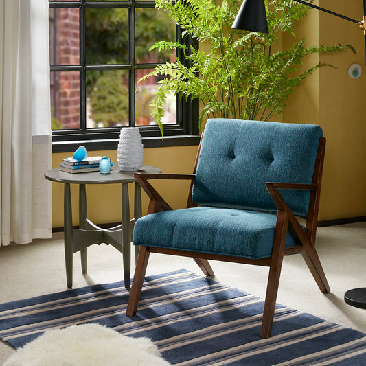 TREATLIFE HOME Mid-Century Modern Upholstered Lounge Chair with Tufted Buttons, Solid Wood Frame and High-Density Foam, Blue and Pecan