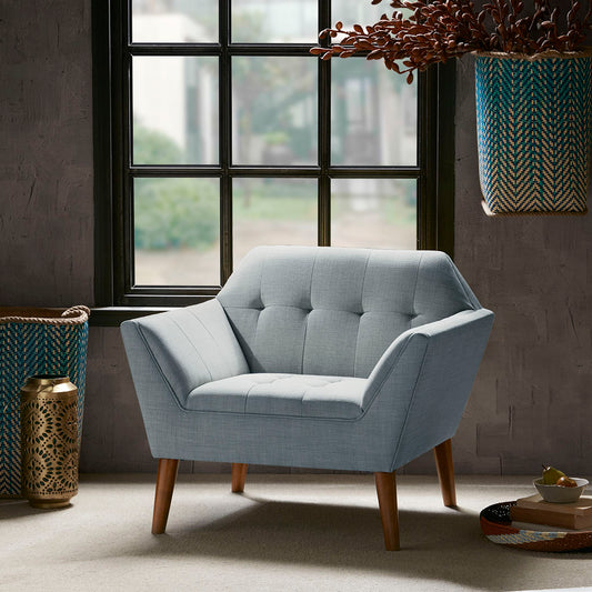 TREATLIFE HOME Mid-Century Modern Lounge Chair with Button Tufting Details, Solid Wood Legs in Pecan Finish, Light Blue Upholstery