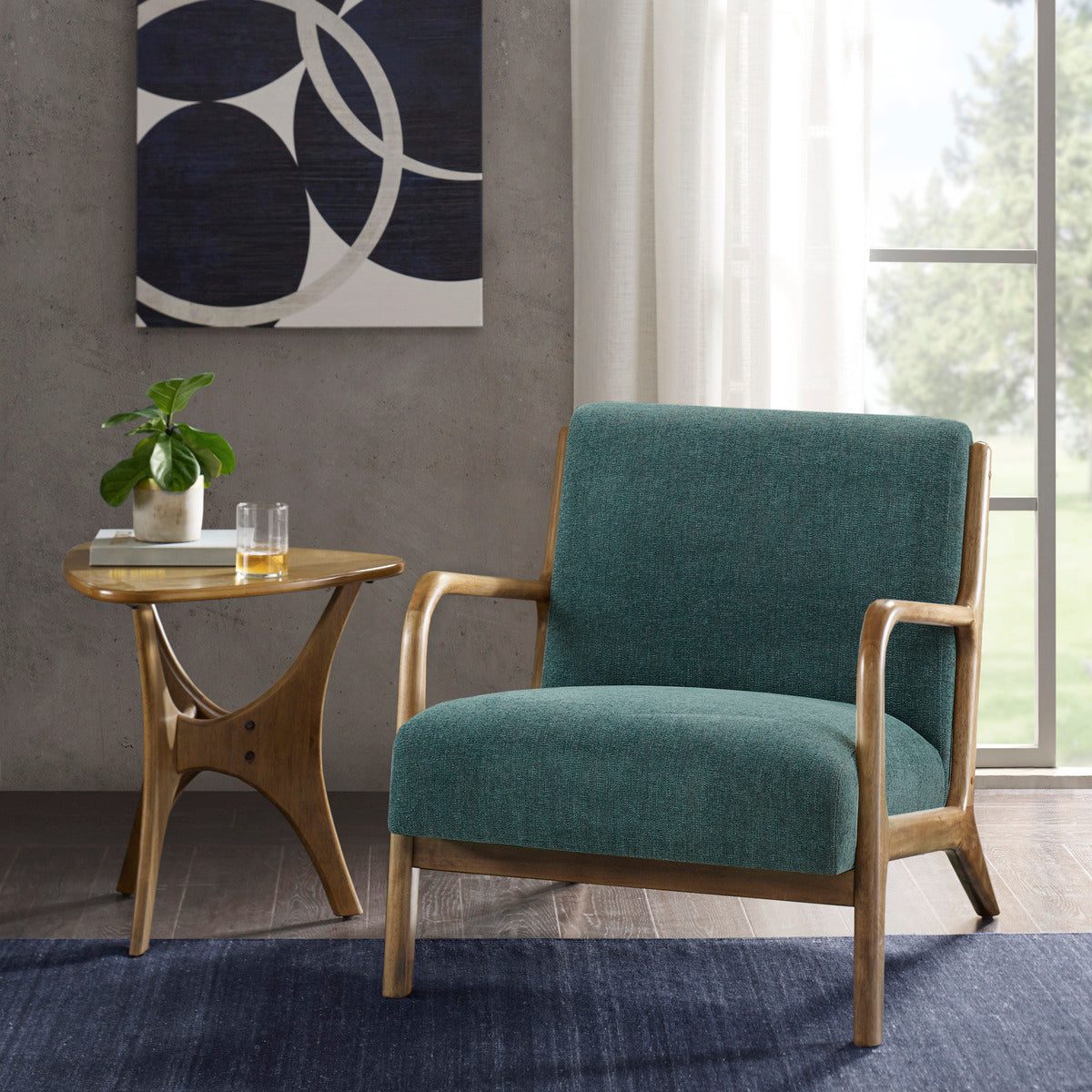 TREATLIFE HOME Mid-Century Modern Lounge Chair with Solid Wood Frame, Upholstered Seat & Back, Teal Fabric, Chic Design
