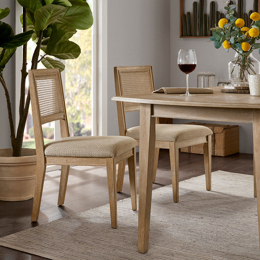 TREATLIFE HOME Armless Dining Chair Set of 2 with Cane Inset Back and Upholstered Seat, Light Brown