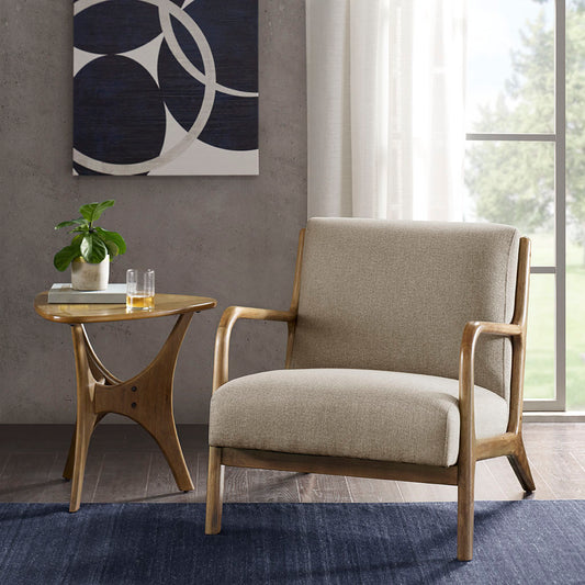 TREATLIFE HOME Mid-Century Style Lounge Chair with Upholstered Seat, Solid Wood Frame, and Elm Finish, Taupe