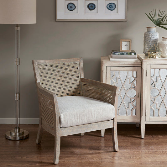 TREATLIFE HOME Cane Armchair with Loose Seat and Cane Back, Reclaimed Natural Finish, Comfortable 300 lbs Capacity, Cream Upholstery