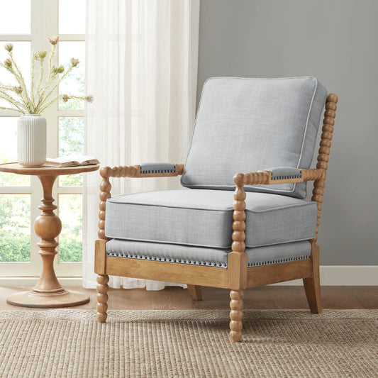 TREATLIFE HOME Accent Arm Chair with Bronze Nail Head Trim and Padded Arms, Elegant Upholstered Design, Light Blue with Camel Oak Finish