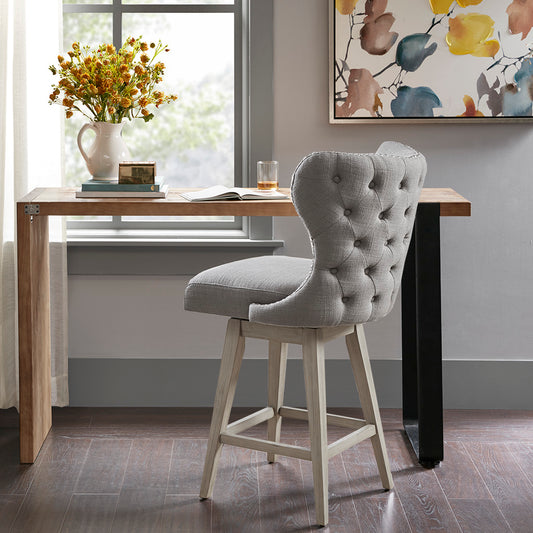 TREATLIFE HOME High Wingback Button Tufted Upholstered Swivel Counter Stool with Nailhead Accent, Light Grey