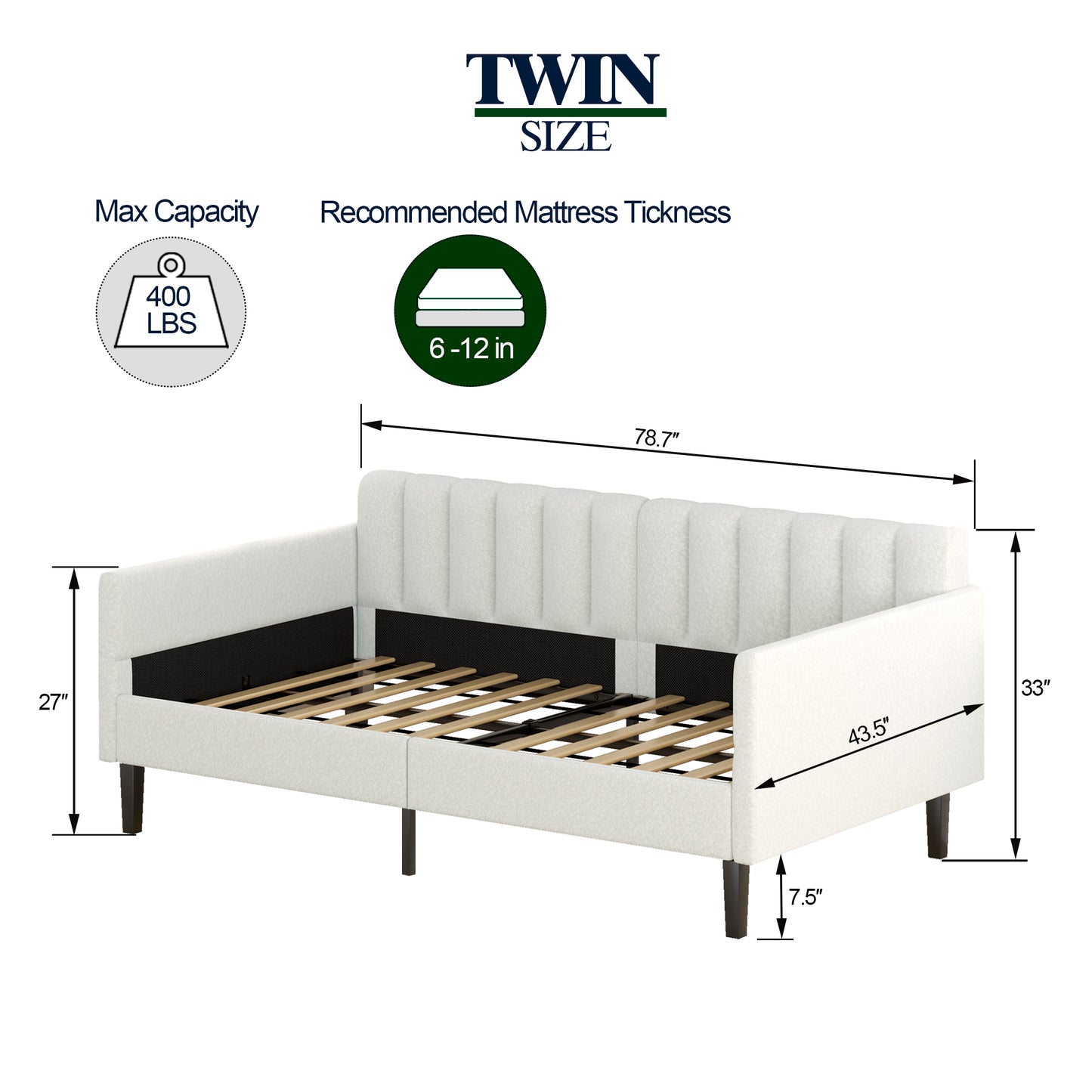 White upholstered twin daybed with channel tufting and wood slats