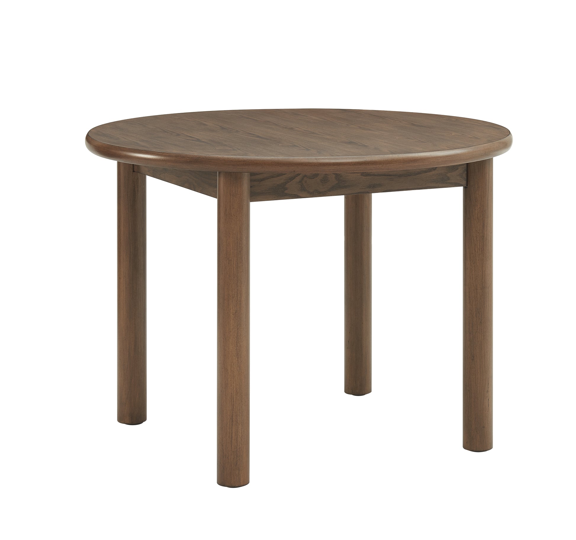 Round walnut wood end table with four cylindrical legs
