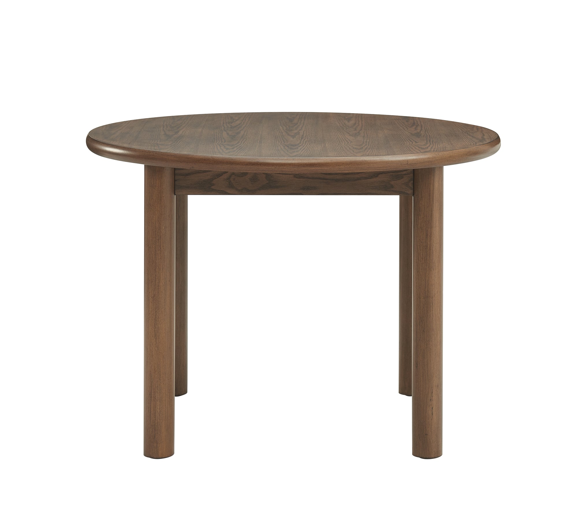 Round dark wood dining table with smooth edges perfect for small spaces