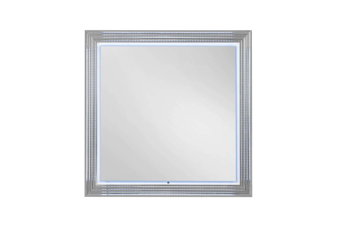 Silver ornate framed LED wall mirror with blue ambient light