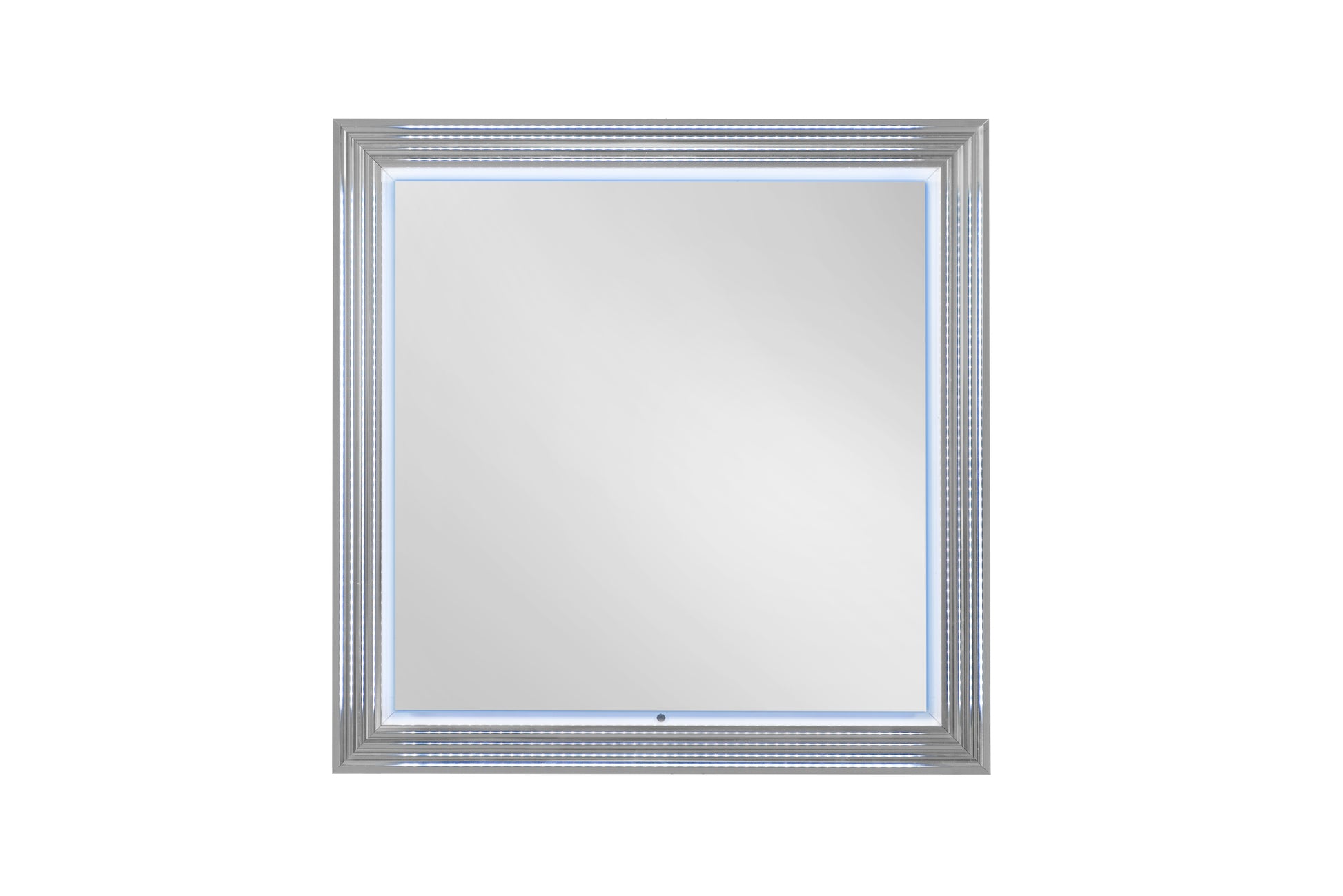 Silver ornate framed LED wall mirror with blue ambient light