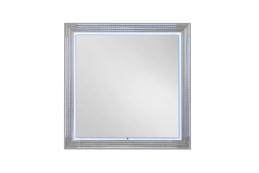 Silver ornate framed LED wall mirror with blue ambient light