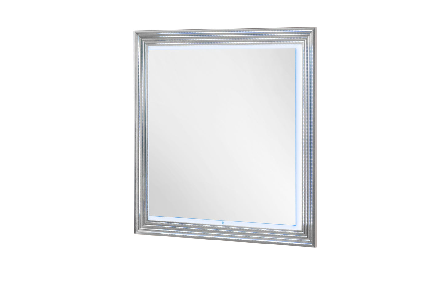 Modern lighted vanity mirror with silver frame and LED strip accents