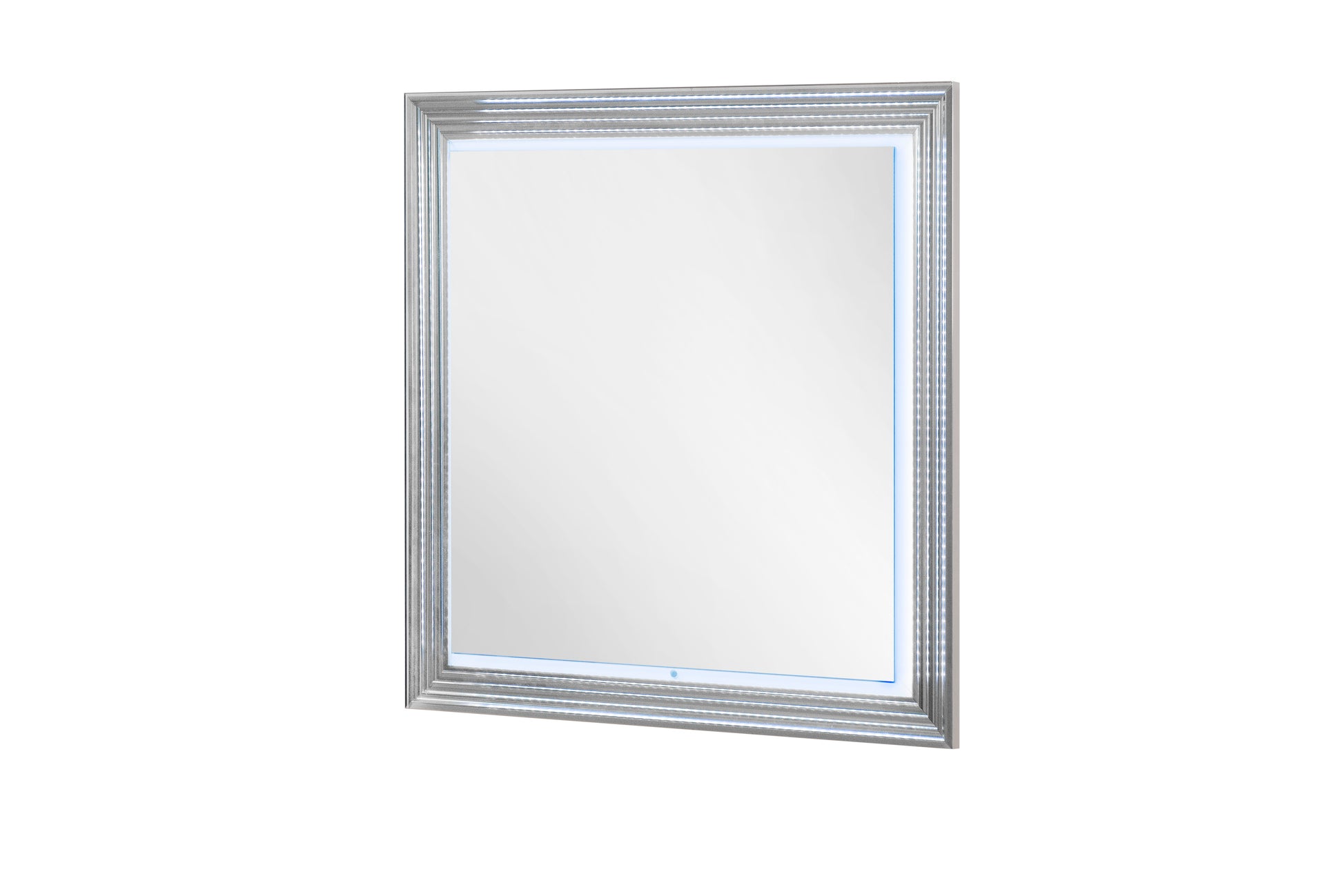 Modern lighted vanity mirror with silver frame and LED strip accents