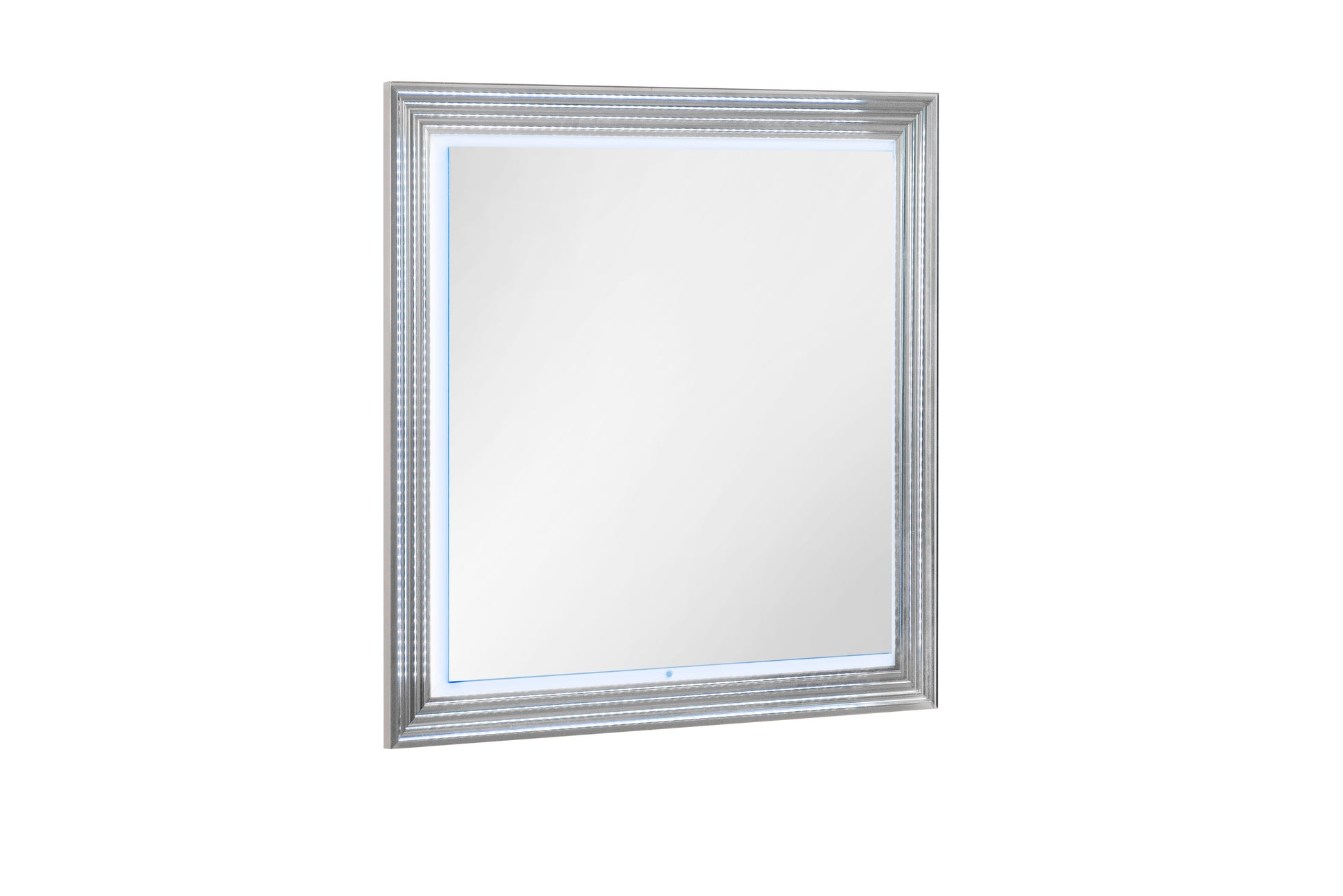 Modern square mirror with a silver frame and integrated LED lighting for ambient illumination