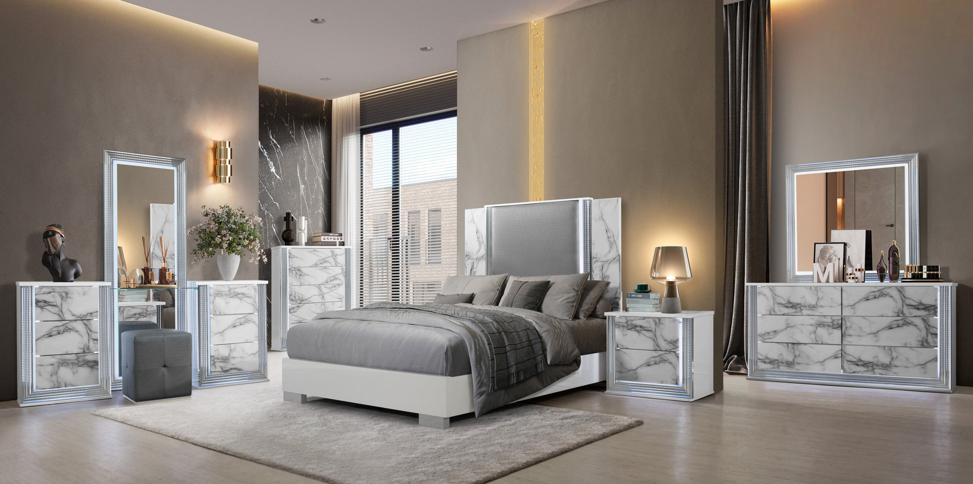 Modern marbleeffect king size bed with upholstered headboard
